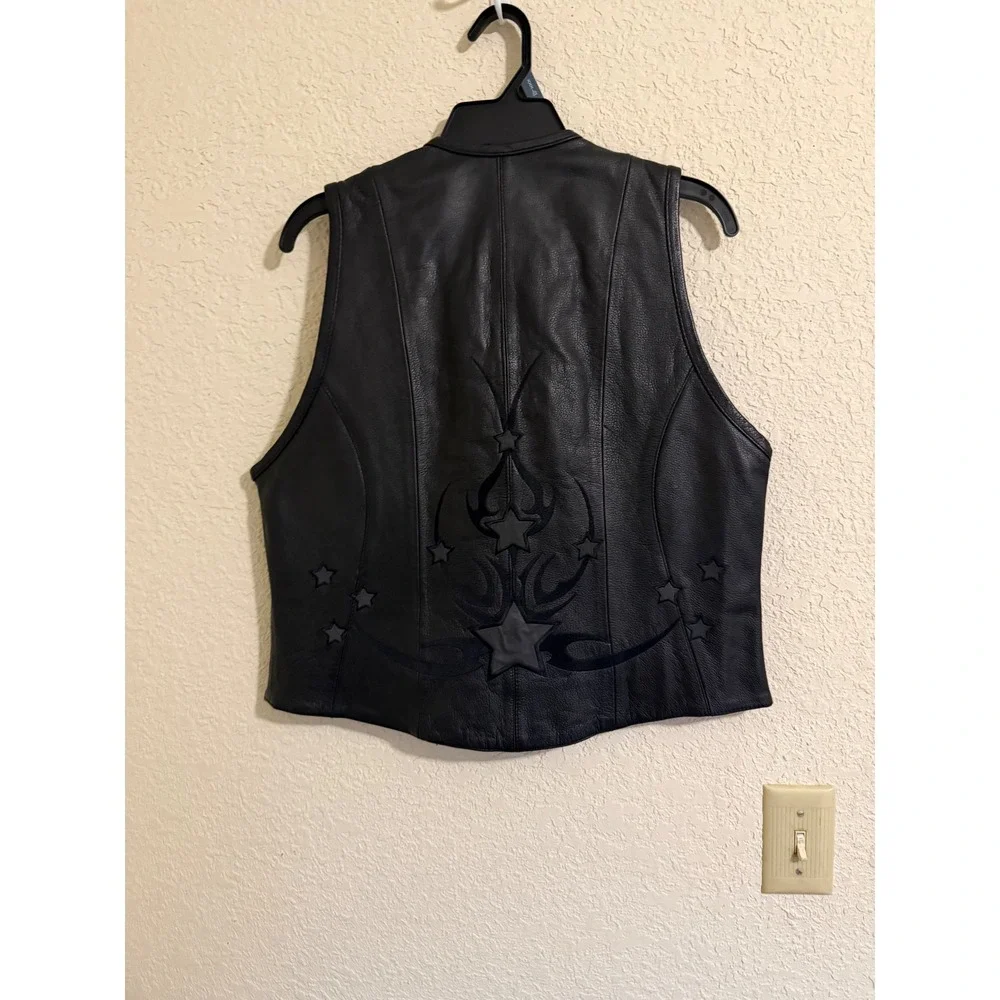 First Classics Black‎ Leather Motorcycle Vest Star Tribal Embroidery L 580 Mens